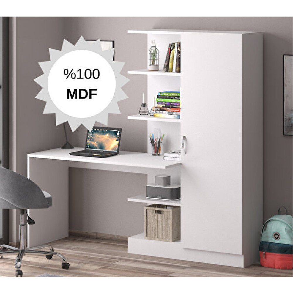 Bicabin Narin Mdf Kitaplıklı Kapaklı Raflı Çok Amaçlı Kullanıma Uygun Çalışma Masası - 178 - Beyaz Çalışma Masası Fiyatı