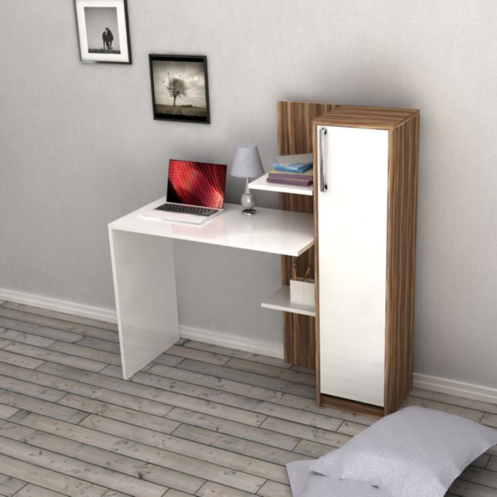 Bicabin Narin Trend Raflı Dolaplı Çalışma Masası Garda Beyaz - 123 x 45 x 122 cm - Beyaz - Ceviz Çalışma Masası Fiyatı