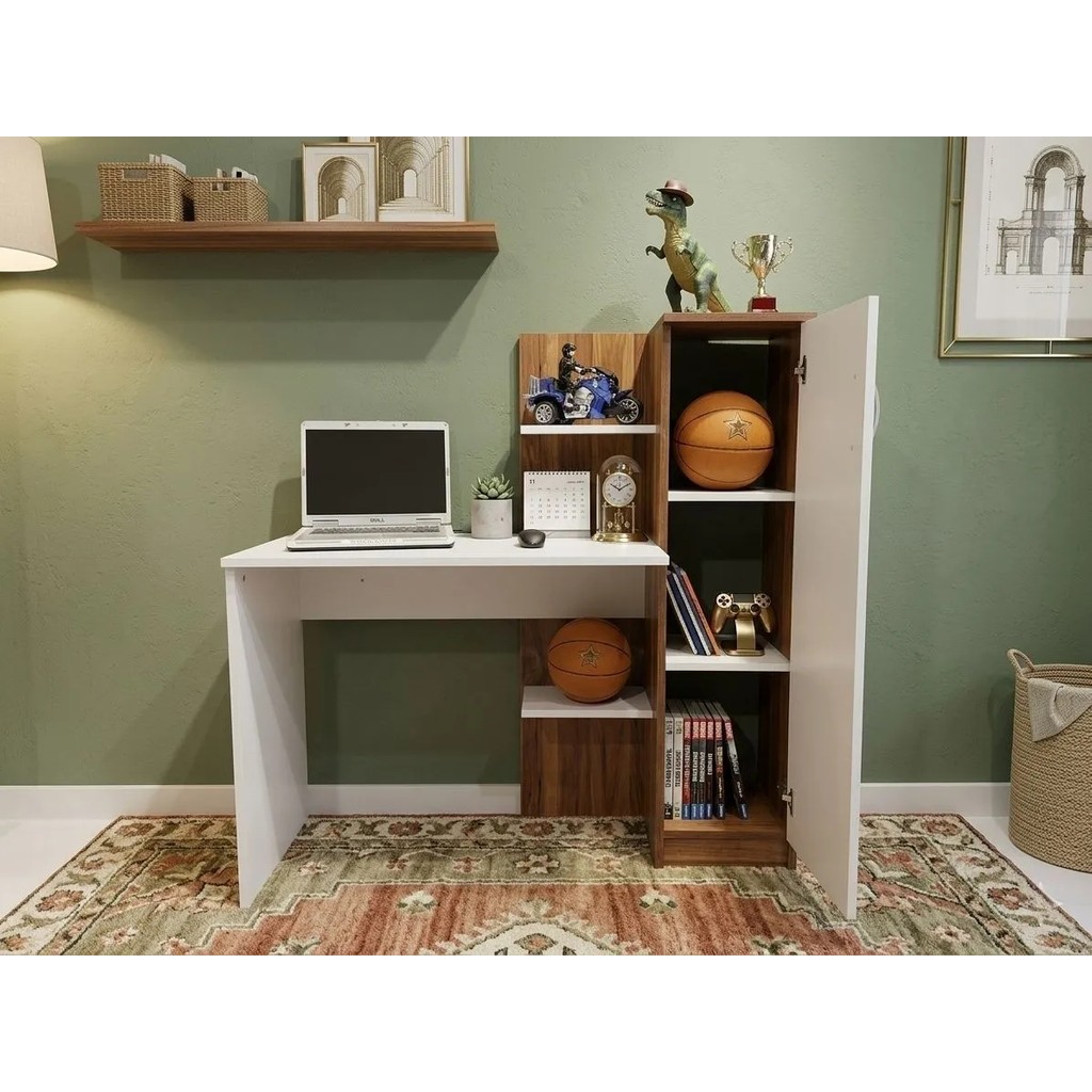 Bicabin Narin Trend Raflı Kitaplıklı Kapaklı Dolaplı Çalışma Masası -Atlantik Çam/Beyaz - 123 x 45 x 122 cm - Beyaz - Ceviz Kitaplık Fiyatı