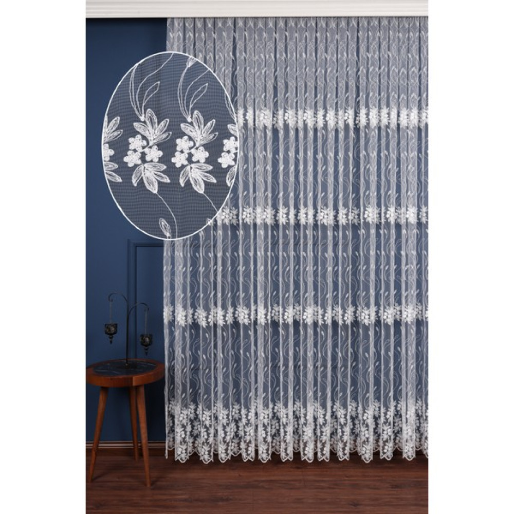 Bidesing Brode Işlemeli Sarmaşık Desen Tül Perde (1/2.5 Normal Pile) - 350 x 250 cm - Ekru Tül Perde Fiyatı