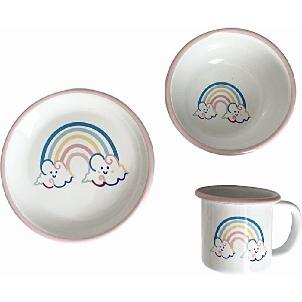 Bidoluraf Rainbow Bebek/çocuk Emaye Yemek Seti 3 Parça (Tabak - Kase - Kupa) - Pembe Mama Seti Fiyatı