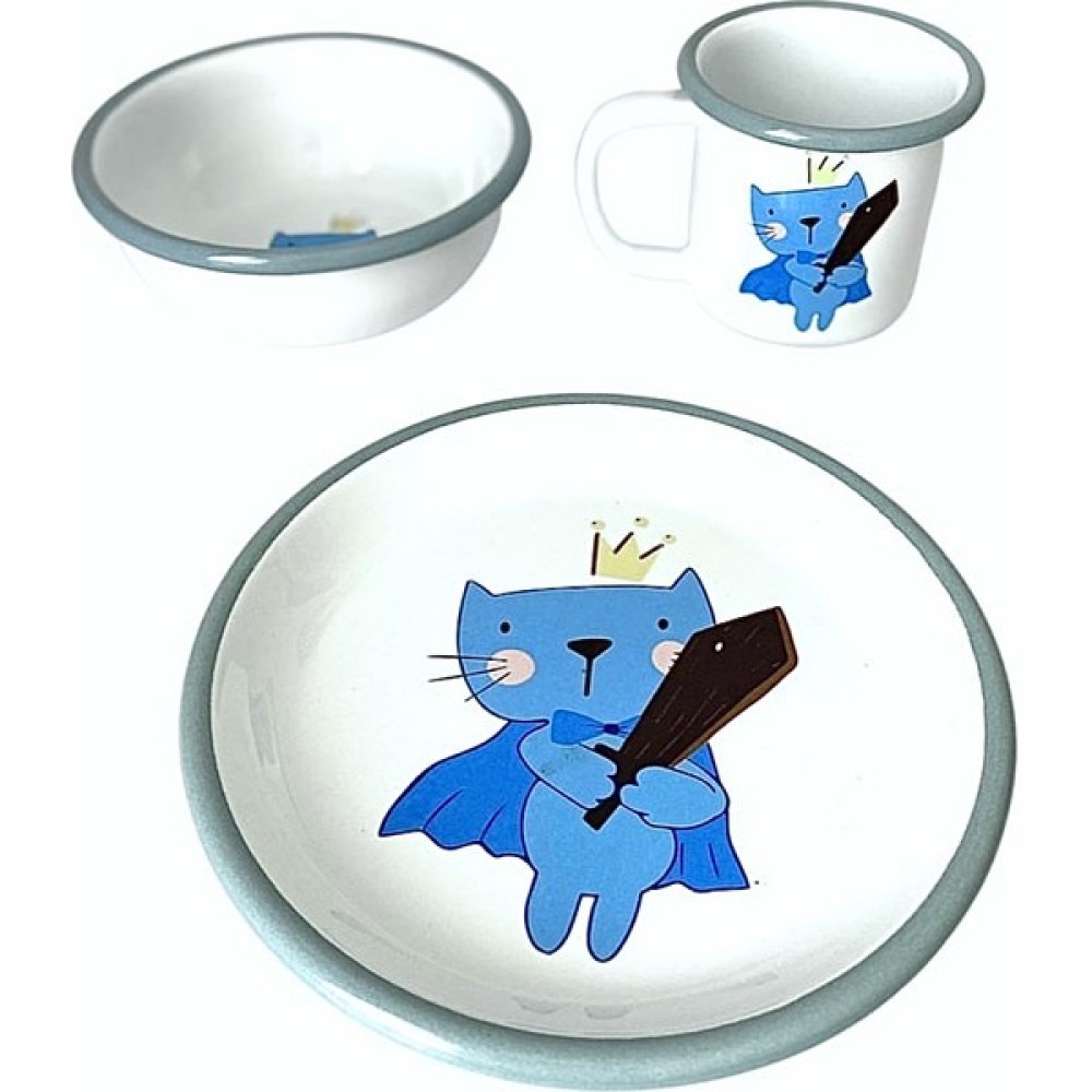 Bidoluraf Super Cat Bebek/çocuk Emaye Yemek Seti 3 Parça (Tabak - Kase - Kupa) - Mavi Mama Seti Fiyatı