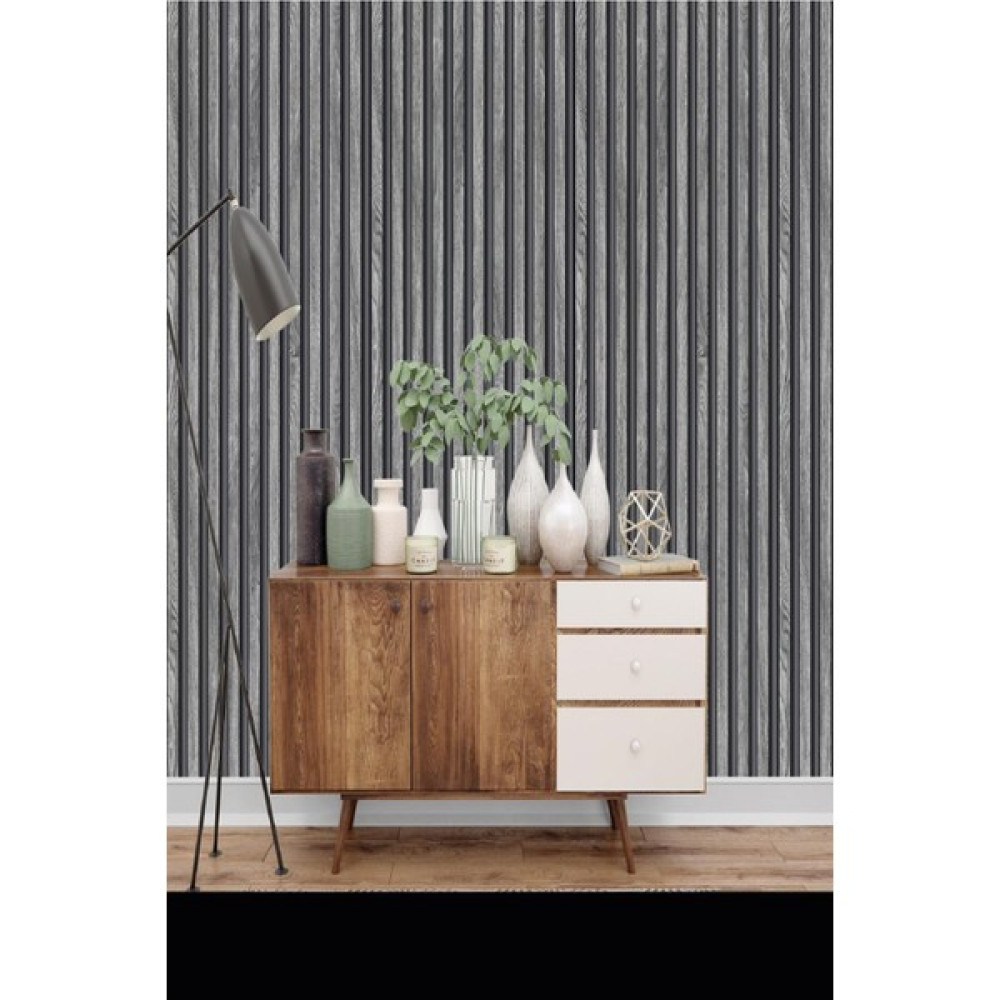 BienHome 2062 Lambiri Panel Ahşap Duvar Çıtası Desenli Gri Vinil Duvar Kağıdı 5,30 M² Duvar Kağıdı Fiyatı