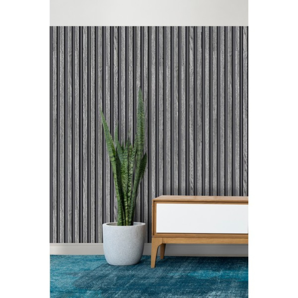BienHome 2690 Lambri Panel Ahşap Duvar Çıtası Desenli Vinil Duvar Kağıdı 5,30 M² - Gri - 53 x 1000 cm Duvar Kağıdı Fiyatı