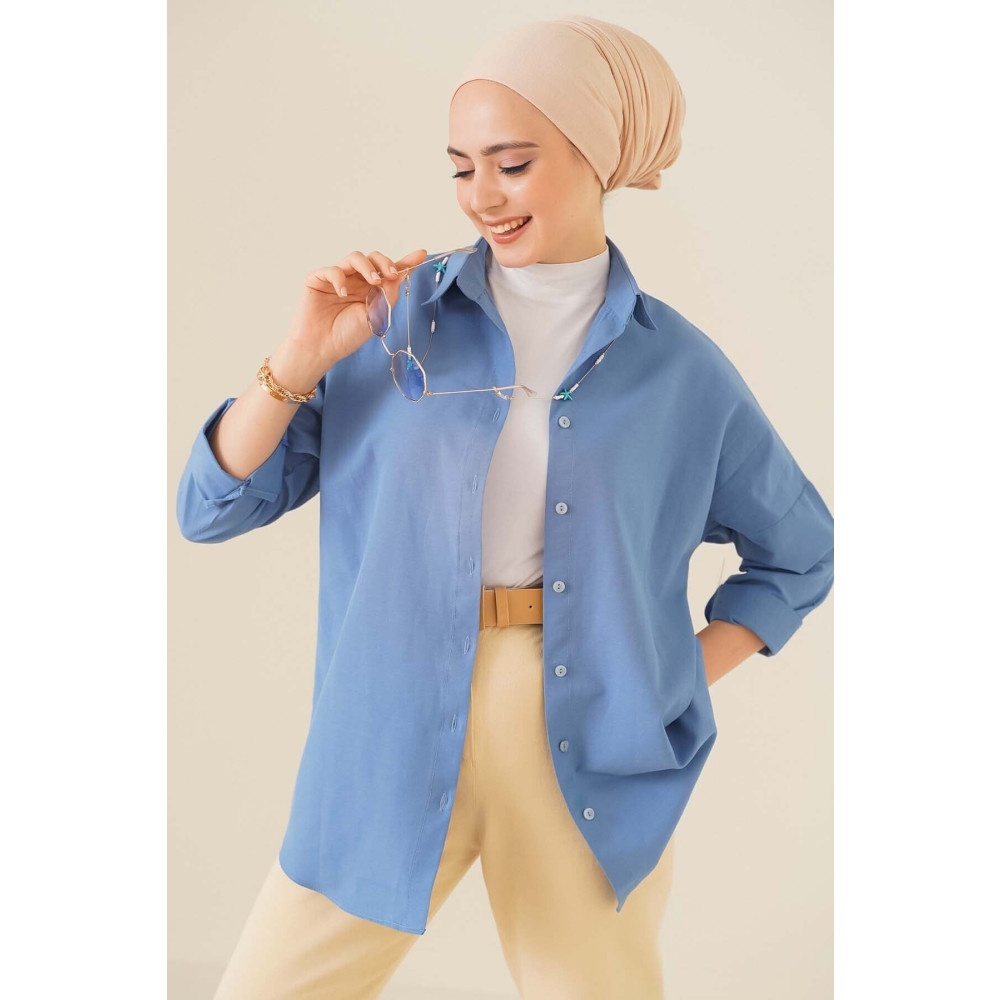 bigmerter 103901 Oversize Basic Tesettür Gömlek - Indigo 38 Beden Tesettür Giyim Fiyatı