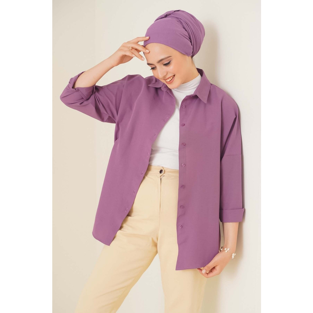 bigmerter 103901 Oversize Basic Tesettür Gömlek - Koyu Lila 40 Beden Tesettür Giyim Fiyatı
