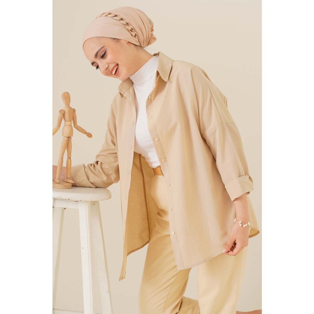 bigmerter 103901 Oversize Basic Tesettür Gömlek - Krem 36 Beden Tesettür Giyim Fiyatı