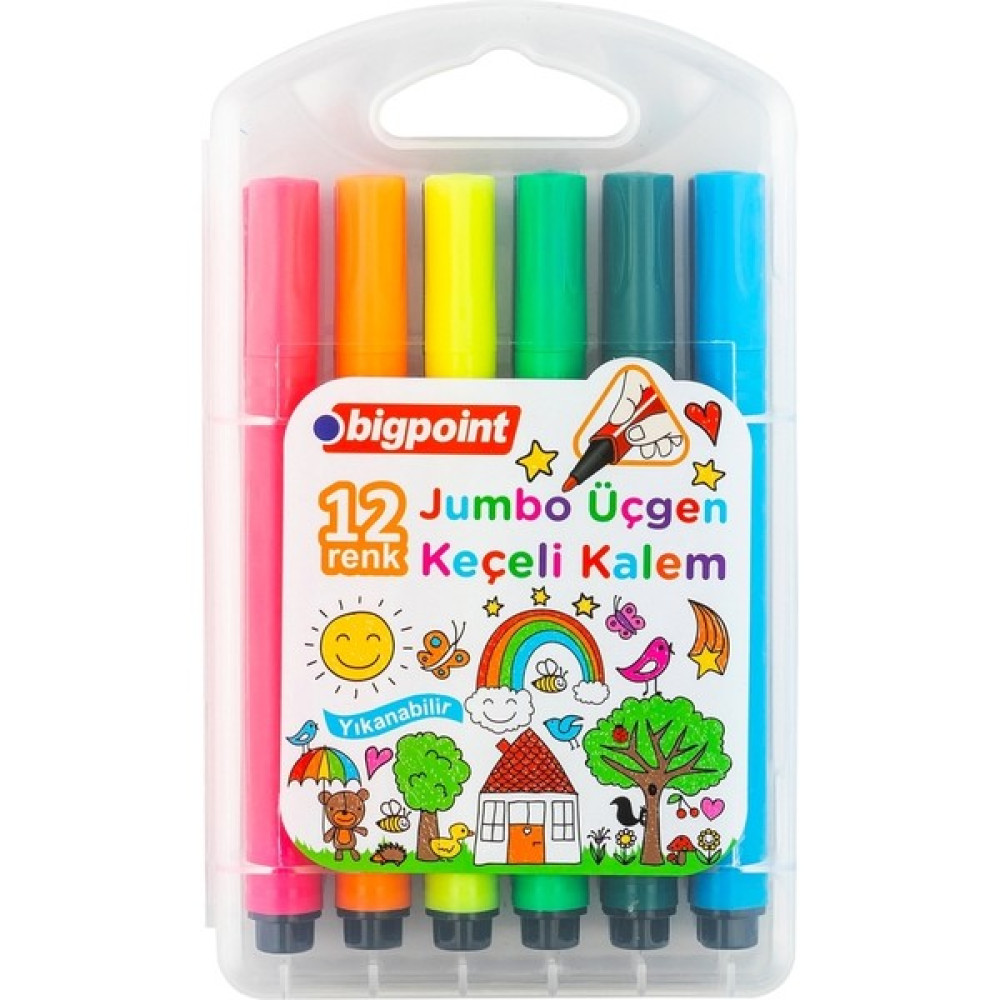 Bigpoint Jumbo Üçgen Keçeli Kalem 12'li Set (Plastik Kutulu) x 6'lı Paket Keçe Uçlu Kalem Fiyatı