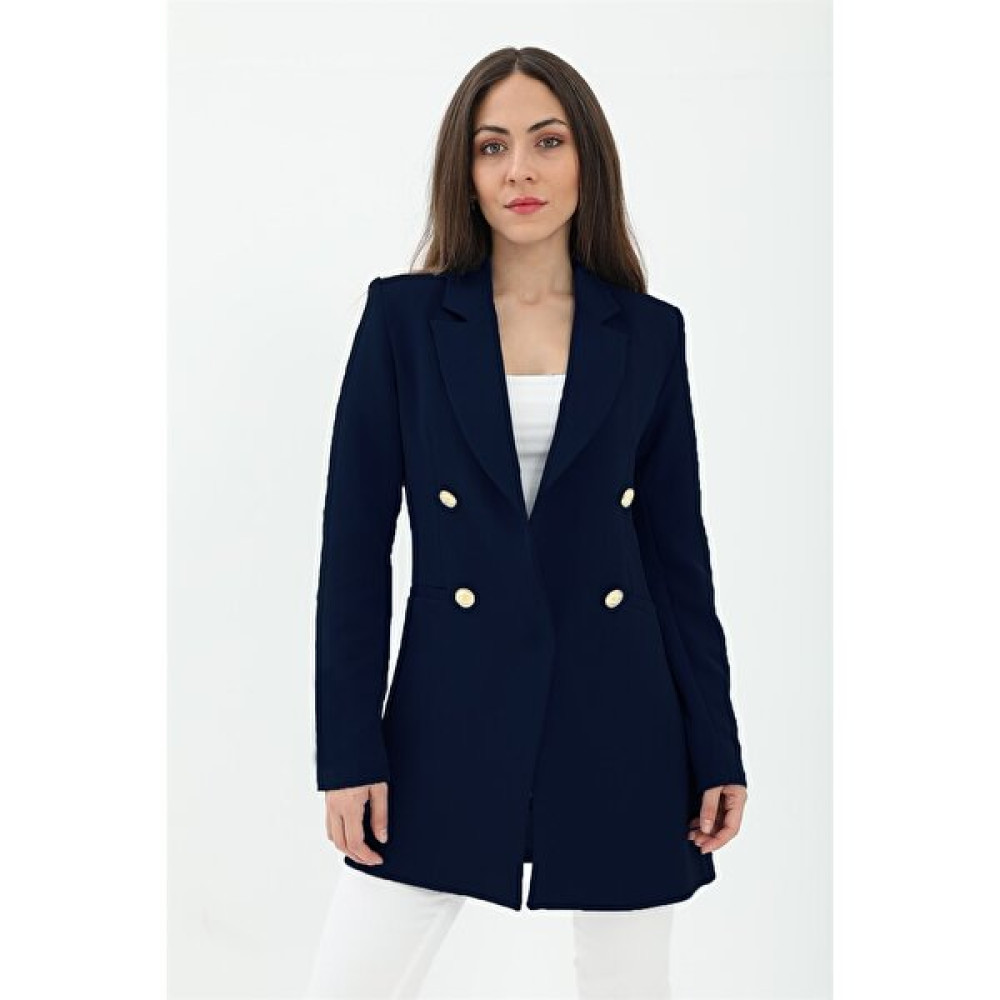 BİGWOSOmuzları Vatkalı Önü Çıtçıtlı Atlas Kumaş Kadın Blazer Ceket - Lacivert Bayan Ceket Fiyatı