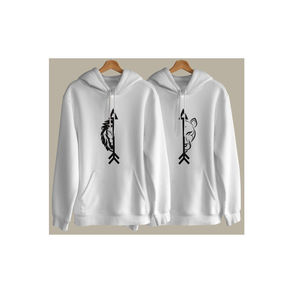 Bikare Design Erkek Ve Dişi Aslan Tasarımlı Sevgili Çift Kombin Kapüşonlu Sweatshirt 2li Ürün XS/L Beden Bayan Sweatshirt Fiyatı