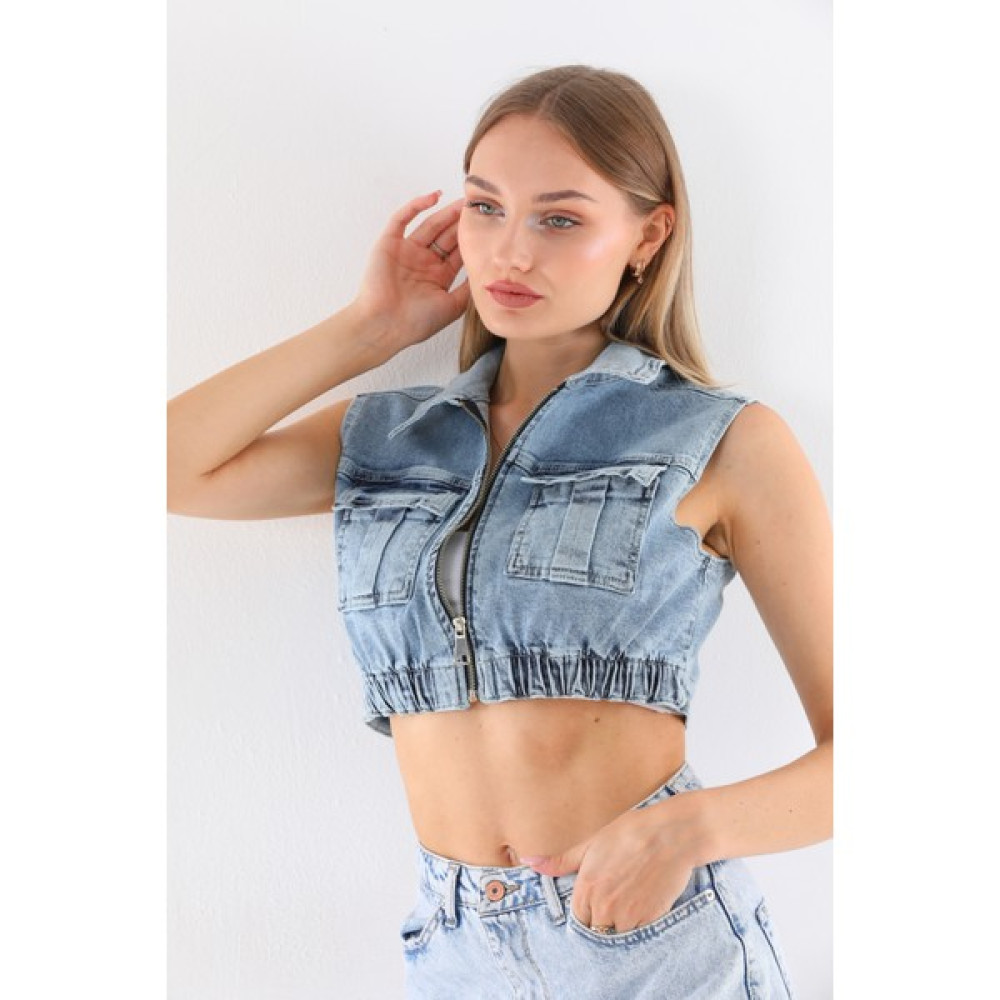 Bike Life Kadın Mavi Likrali Crop Denim Yelek Kadın Yelek Fiyatı