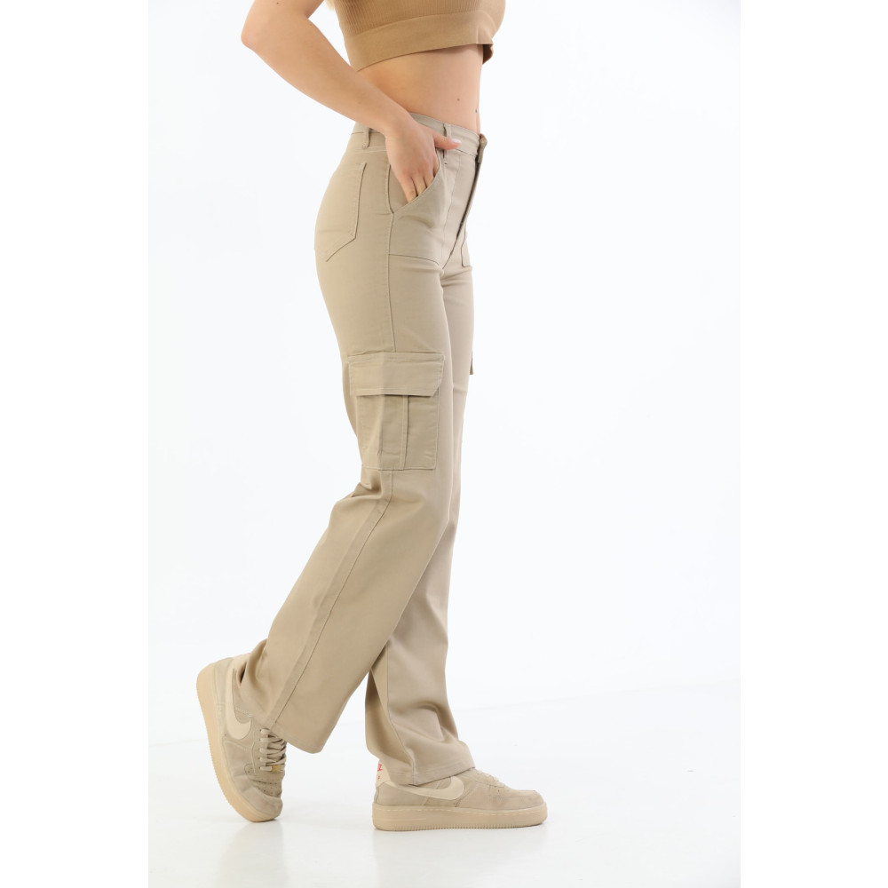 BİKELİFE Bej Kargo Cepli Likralı Yüksek Bel Wide Leg Pantolon XL Beden Kadın Pantolon Fiyatı