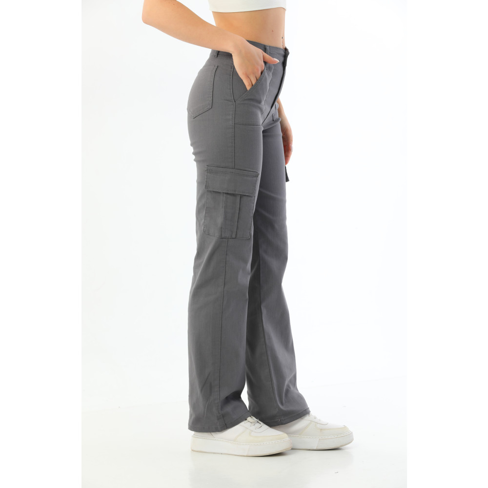 BİKELİFE Gri Kargo Cepli Likralı Yüksek Bel Wide Leg Pantolon L Beden Kadın Pantolon Fiyatı