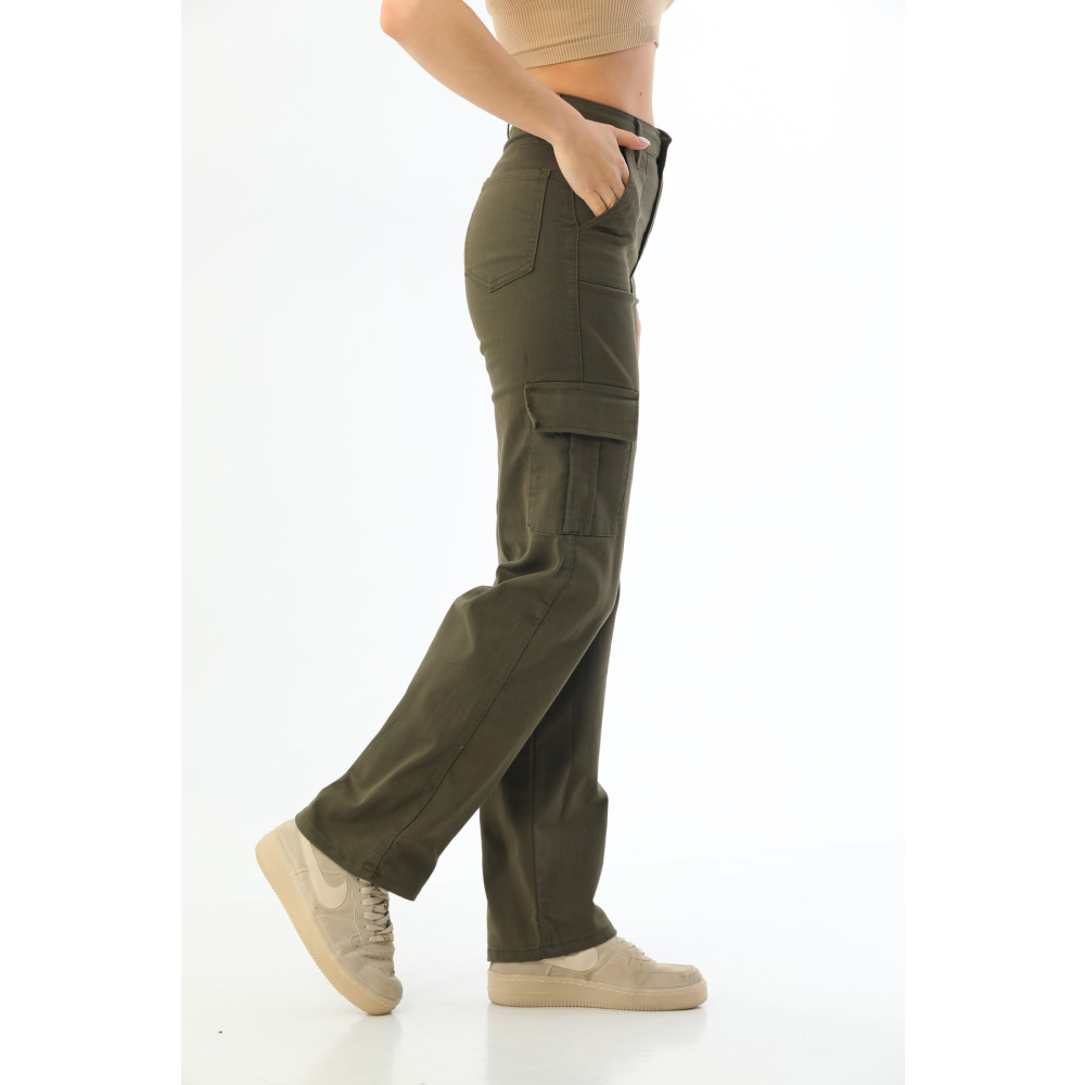 BİKELİFE Haki Kargo Cepli Likralı Yüksek Bel Wide Leg Pantolon XL Beden Kadın Pantolon Fiyatı