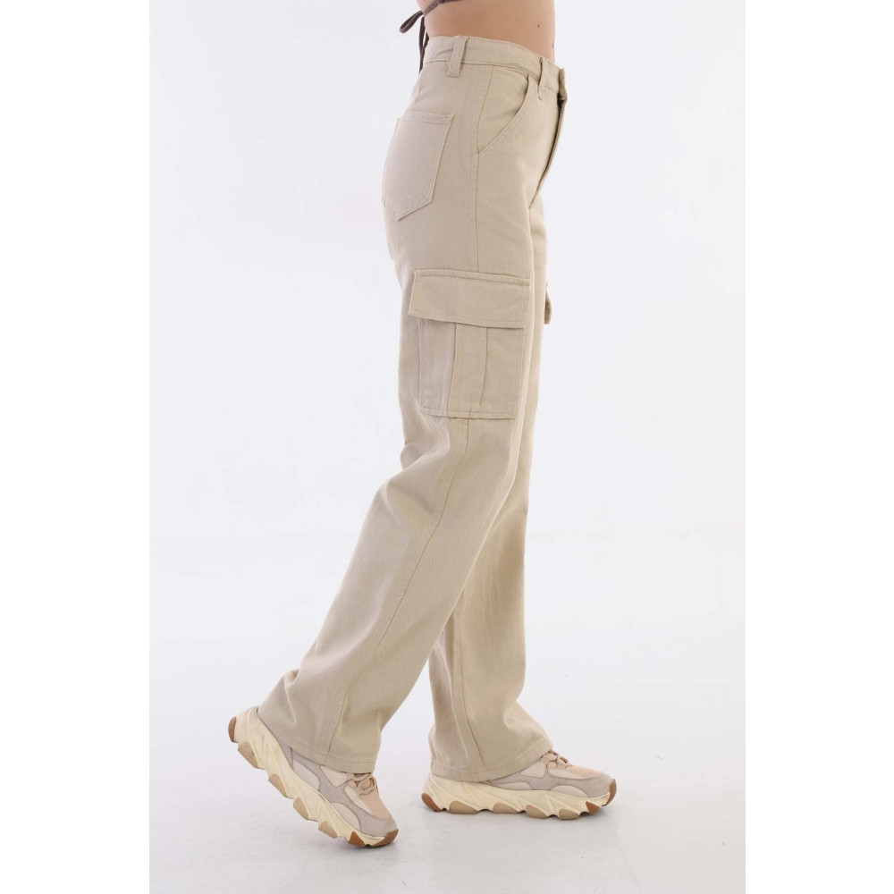 BİKELİFE Kadın Bej Yüksek Bel Geniş Paça Kargo Pantolon 40 Beden Bayan Jeans / Kot Pantolon Fiyatı