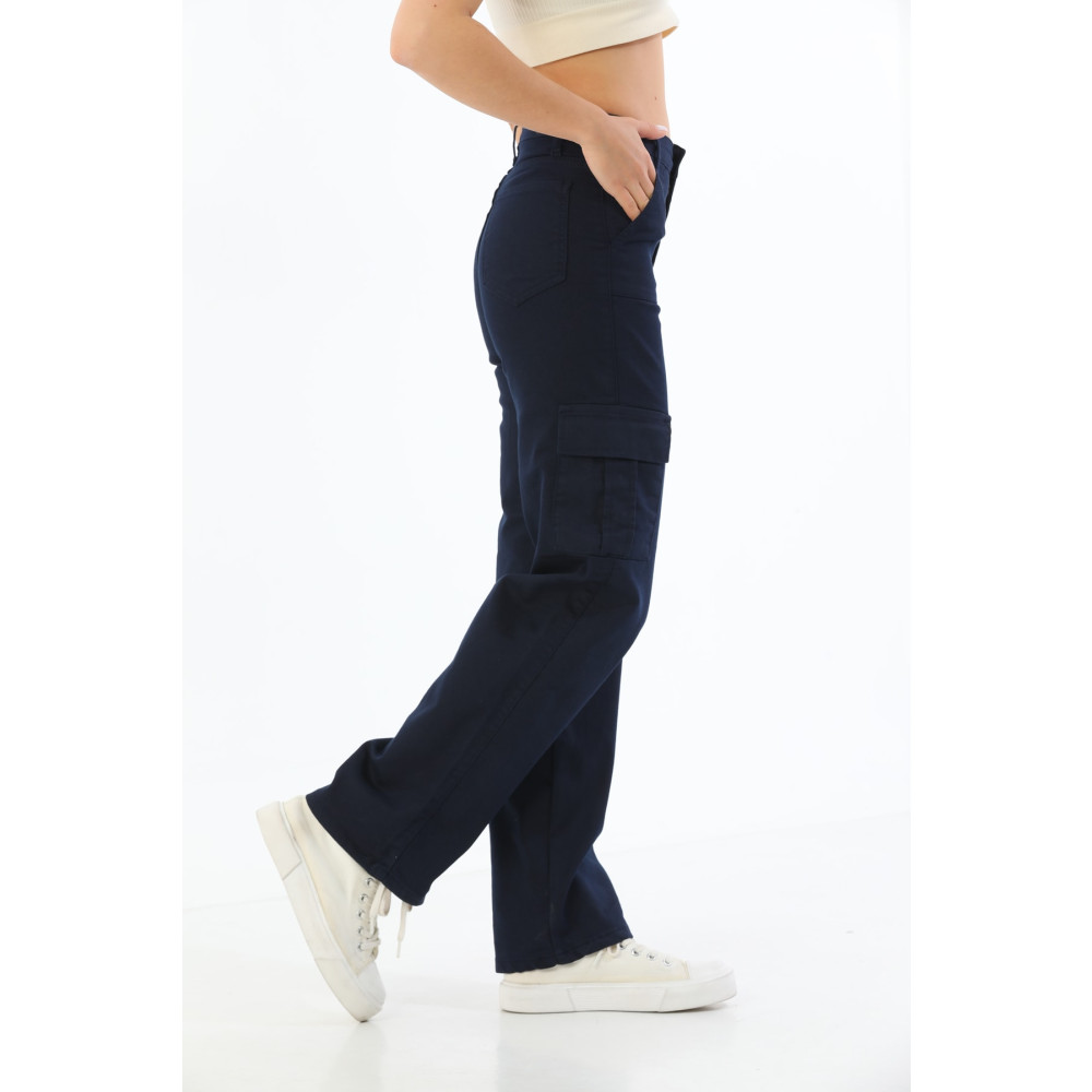 BİKELİFE Lacivert Kargo Cepli Likralı Yüksek Bel Wide Leg Pantolon XL Beden Kadın Pantolon Fiyatı