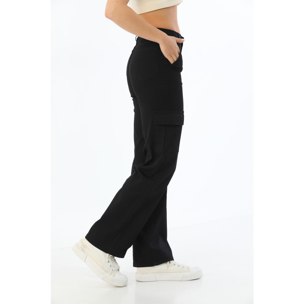 BİKELİFE Siyah Kargo Cepli Likralı Yüksek Bel Wide Leg Pantolon XS Beden Kadın Pantolon Fiyatı