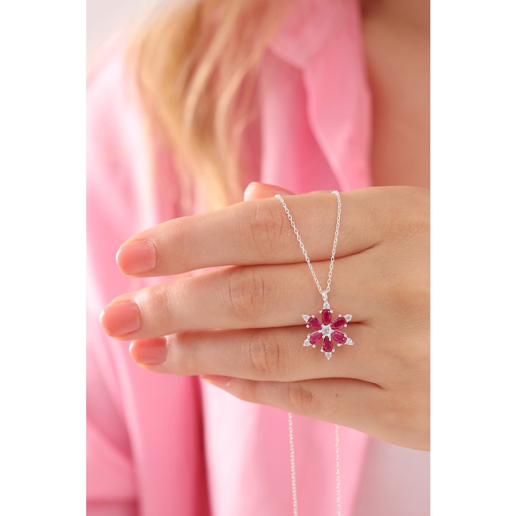 Bilsen Store 925 Ayar Gümüş Zincirli Damla Kırmızı Taşlı Kamelya Lotus Çiçeği Kolye Gümüş Kolye Fiyatı