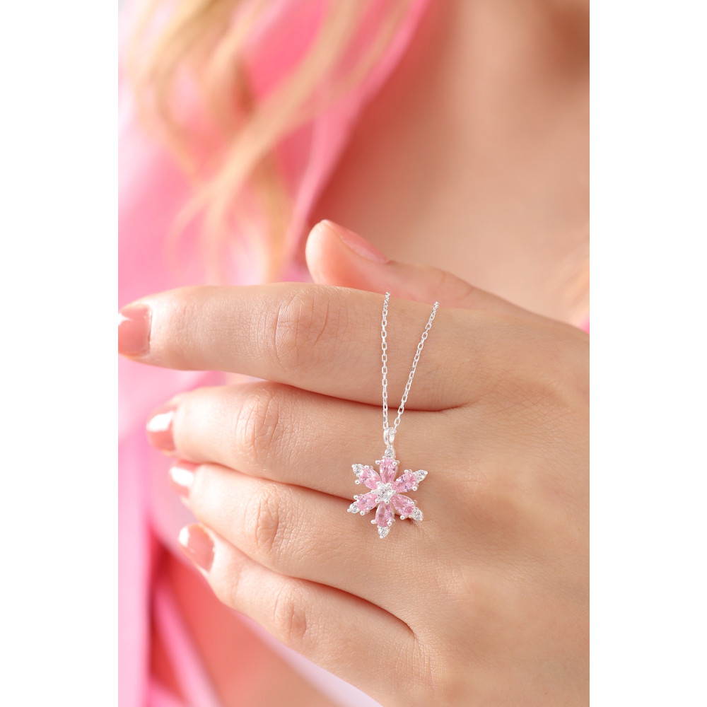 Bilsen Store 925 Ayar Gümüş Zincirli Pembe Damla Taşlı Lotus Kamelya Çiçeği Kolye Gümüş Kolye Fiyatı