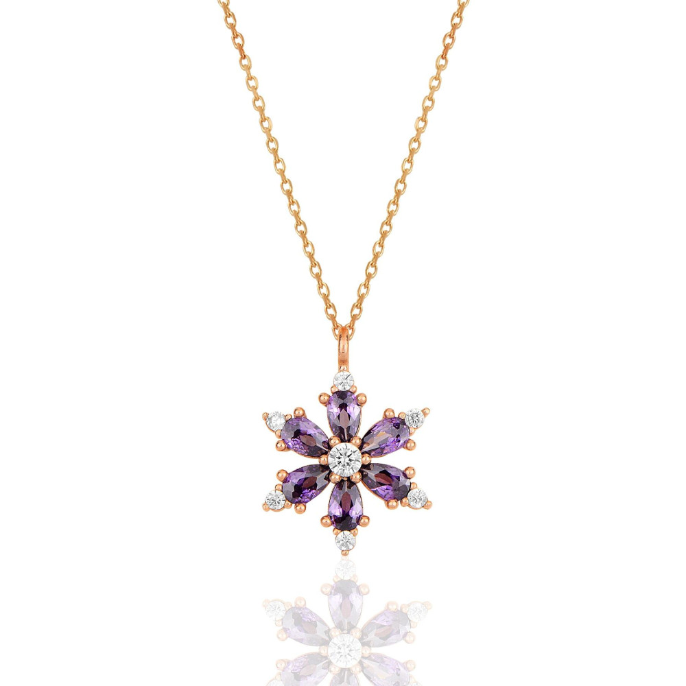 Bilsen Store 925 Ayar Gümüş Zincirli Rose Kaplama Ametist Damla Taşlı Kamelya Lotus Çiçeği Kolye Gümüş Kolye Fiyatı
