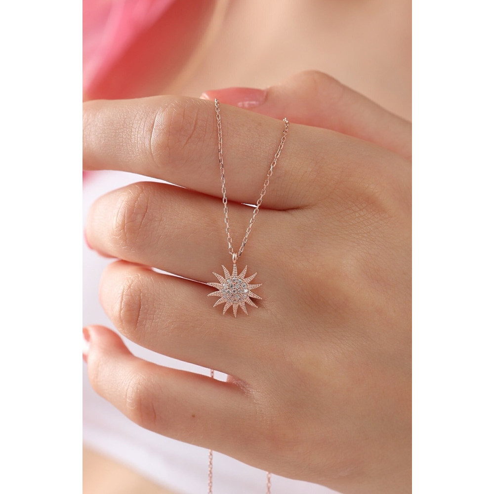 Bilsen Store 925 Ayar Gümüş Zincirli Rose Kaplama Zirkon Beyaz Taşlı Güneş Model Kolye Gümüş Kolye Fiyatı