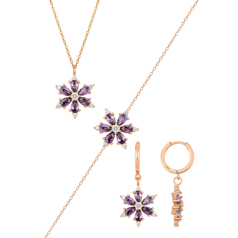 Bilsen Store Kadın 925 Ayar Gümüş Zincirli Rose Kaplama Ametist Damla Taşlı Lotus Kamelya Çiçeği Üçlü Set Kolyeler Fiyatı