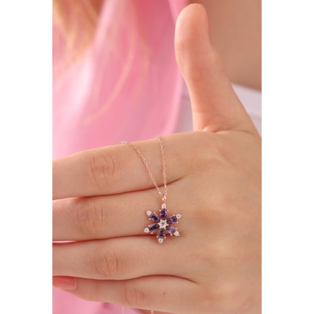 Bilsen Store Kadın Tamamı 925 Ayar Gümüş Ametist Mor Taşlı Rose Kaplama Lotus Çiçeği Kolye Gümüş Kolye Fiyatı