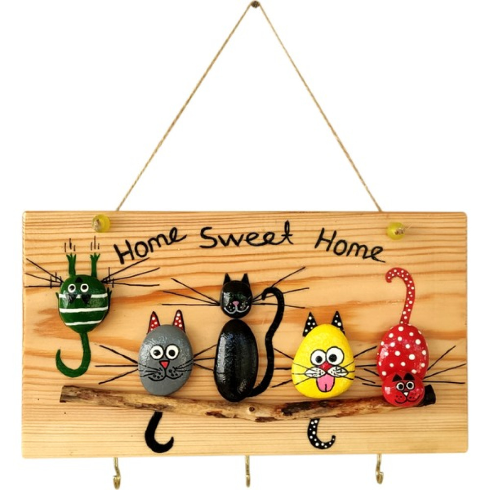 Binbir Trend Kedili Ahşap Anahtarlık Anahtar Askısı, Ahşap Duvar Süsü GB-051 - Karışık Renkli - 25x14X3 cm Eşya Saklama / Düzenleme Fiyatı