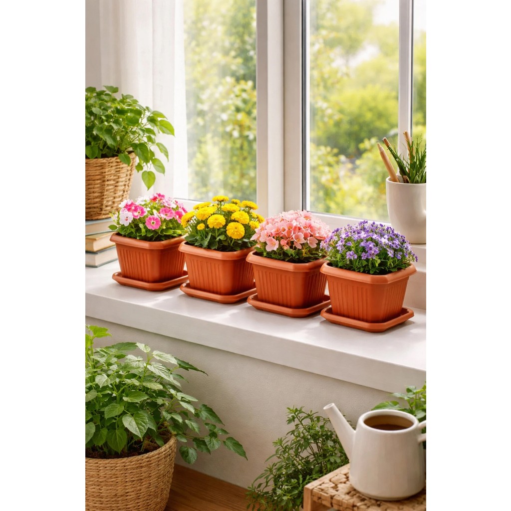 Binbirreyon 4 Adet Kare Terracotta Tabaklı Saksı 1lt 13X13X11CM Plastik AH105 Saksı ve Aksesuarları Fiyatı