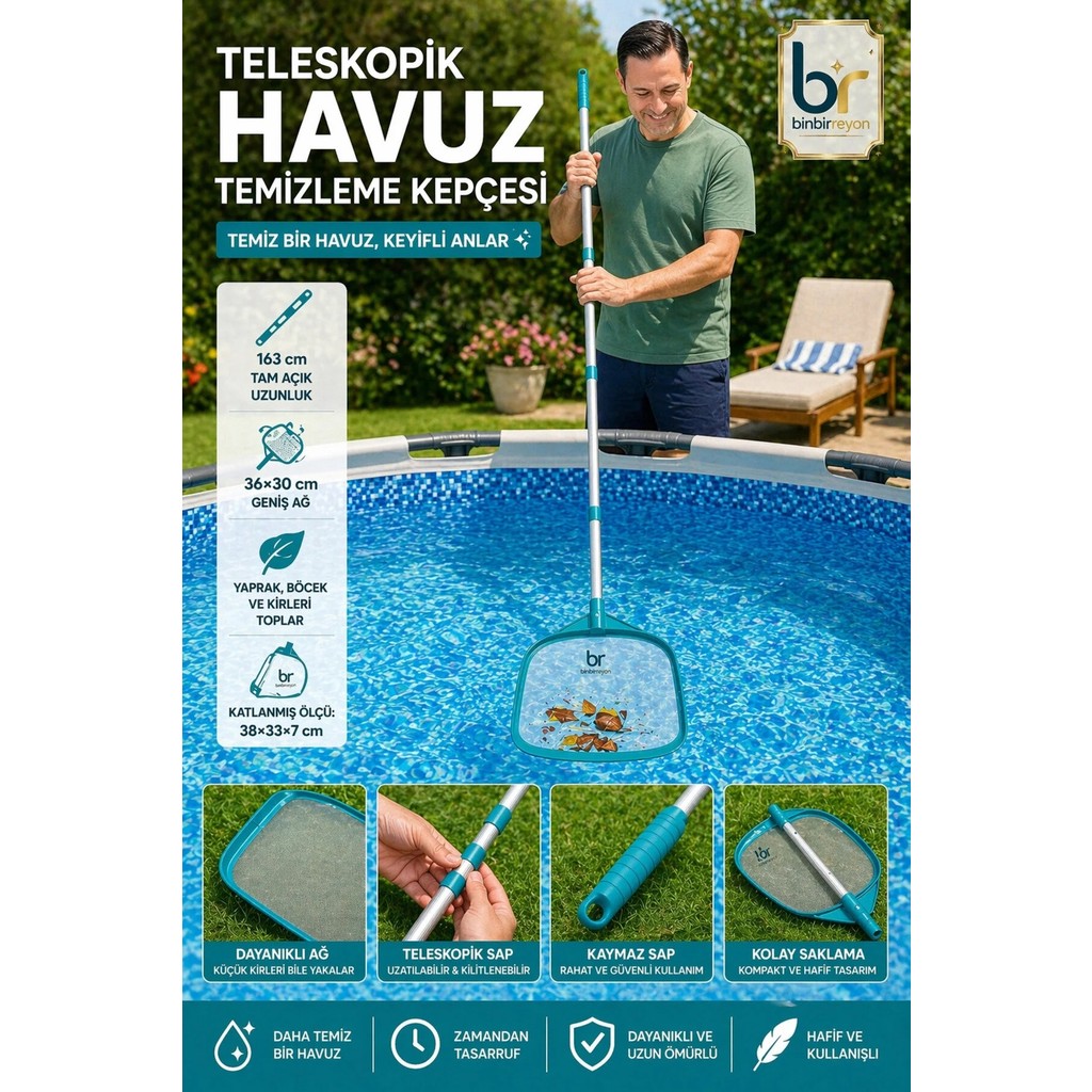 Binbirreyon Havuz Kepçesi Teleskopik Havuz Temizleme Kepçesi Hafif Alüminyum Saplı 163CM FE008 Diğer Fiyatı