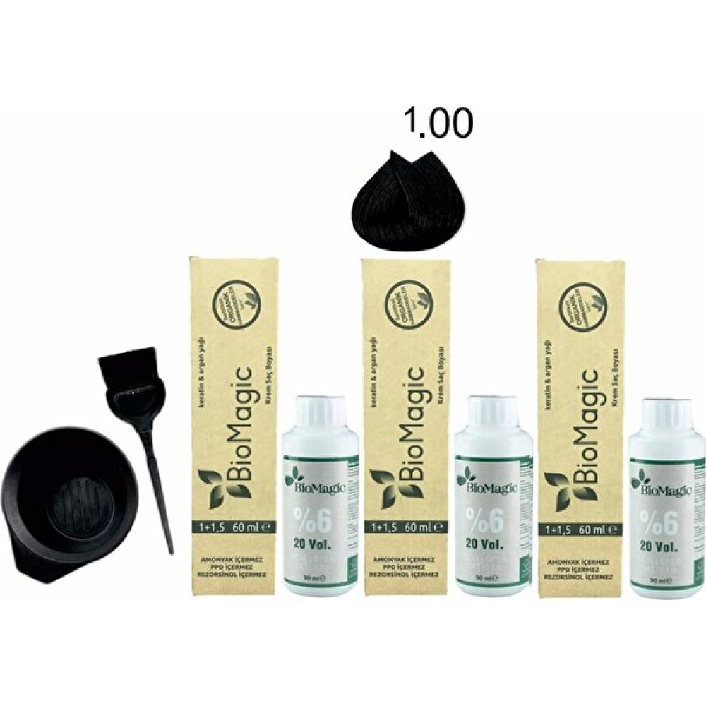 Bio Magic Amonyaksız Keratin+Argan Yağlı Organik Krem Saç Boyası 60 ml 1.00 Siyah x 3 +90 ml Oksidan+ Boyama Seti Saç Boyası Fiyatı