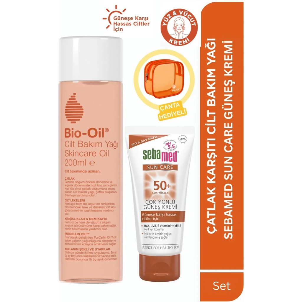 Bio-Oil Cilt Bakım Yağı 200 ml & Sun Care Spf 50+ Güneş Kremi 50 ml +Makyaj Çantası Hediyeli Güneş Kremleri ve Losyonları Fiyatı
