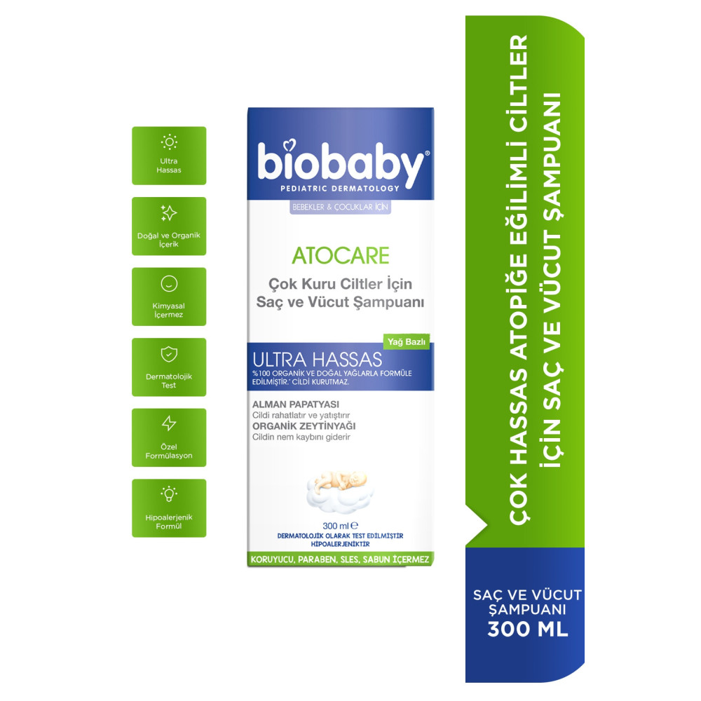Biobaby Atocare Çok Kuru Ciltler İçin Saç Ve Vücut Şampuanı 300 ml - Organik Zeytin Yağı Alman Papatyası Bebek Şampuanı Fiyatı