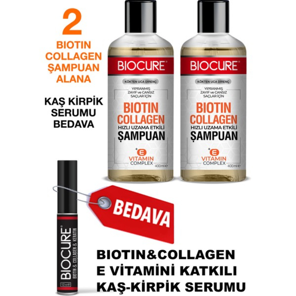 Biocure Biotin & Collagen + E Vitamin Kompleks Saç Bakım Şampuanı Alana Kaş Kirpik Serumu Bedava Şampuan ve Saç Kremi Fiyatı