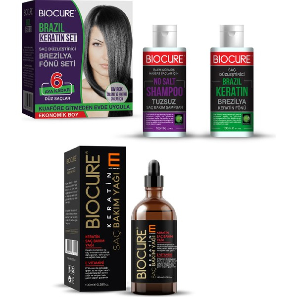Biocure Brezilya Fönü Keratini Seti Botox Etkili / Evde Kullanım + Keratin Saç Bakım Yağı E Vitamini Katkılı Saç Bakım Maskeleri & Serumlar & Spreyler Fiyatı