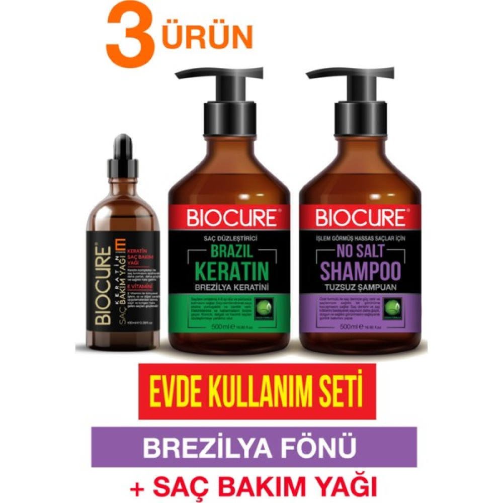 Biocure Keratin Saç Bakım Seti/ Saç Düzleştirici Brezilya Keratin + Tuzsuz Şampuan + Saç Bakım Yağı Saç Bakım Maskeleri & Serumlar & Spreyler Fiyatı