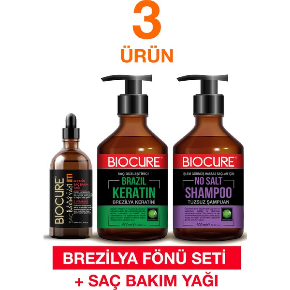 Biocure Keratin Saç Bakım Seti/saç Düzleştirici Brezilya Keratin + Tuzsuz Şampuan + Saç Bakım Yağı Şampuan ve Saç Kremi Fiyatı