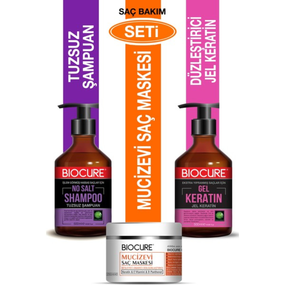 Biocure Saç Düzleştirici Brezilya Jel Keratin + Arındırıcı Tuzsuz Saç Bakım Şampuanı + Saç Maskesi Saç Bakım Maskeleri & Serumlar & Spreyler Fiyatı