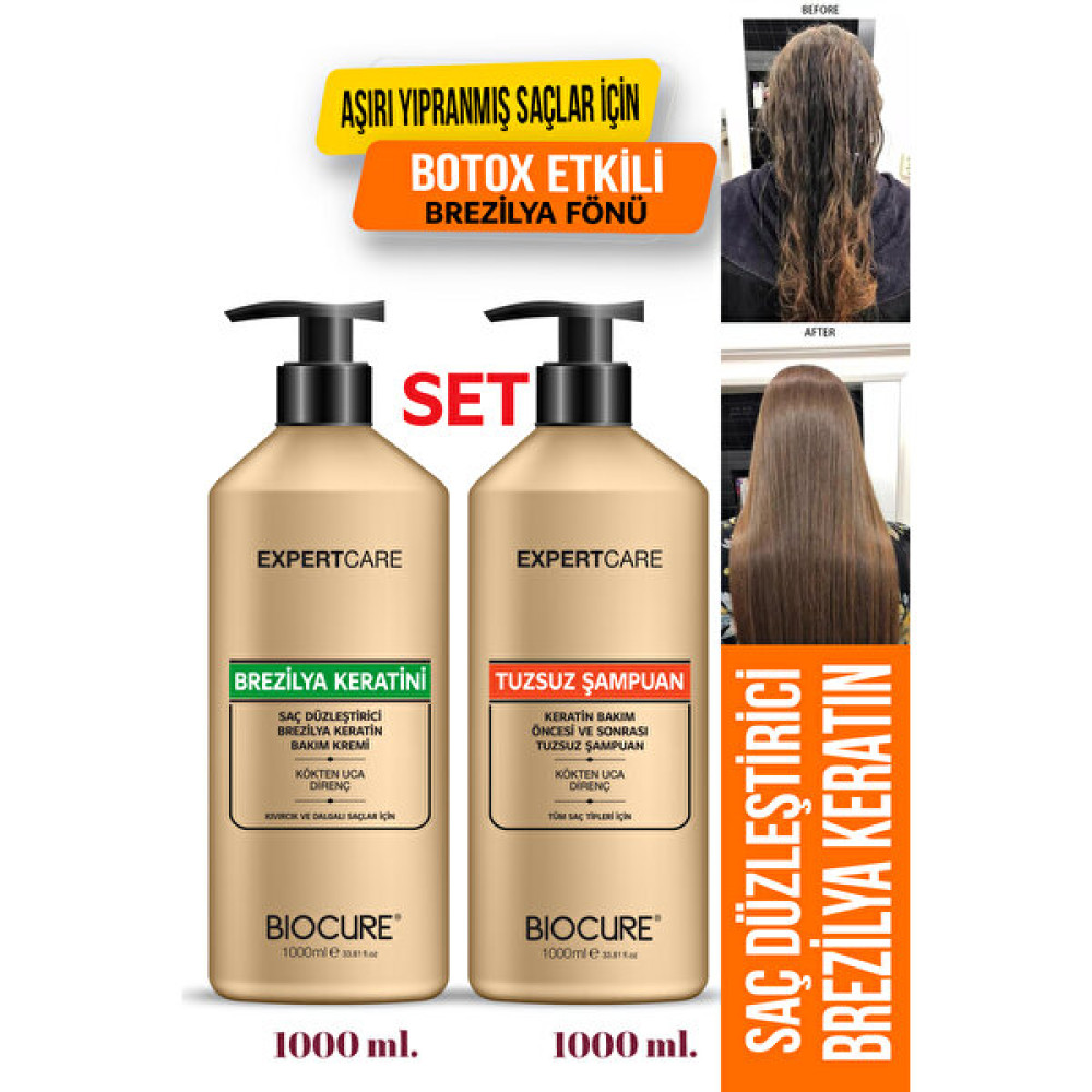 Biocure Saç Düzleştirici Keratin Bakımı 1000 ml + Tuzsuz Arındırıcı Şampuan 1000 ml Brezilya Fönü Saç Bakım Maskeleri & Serumlar & Spreyler Fiyatı