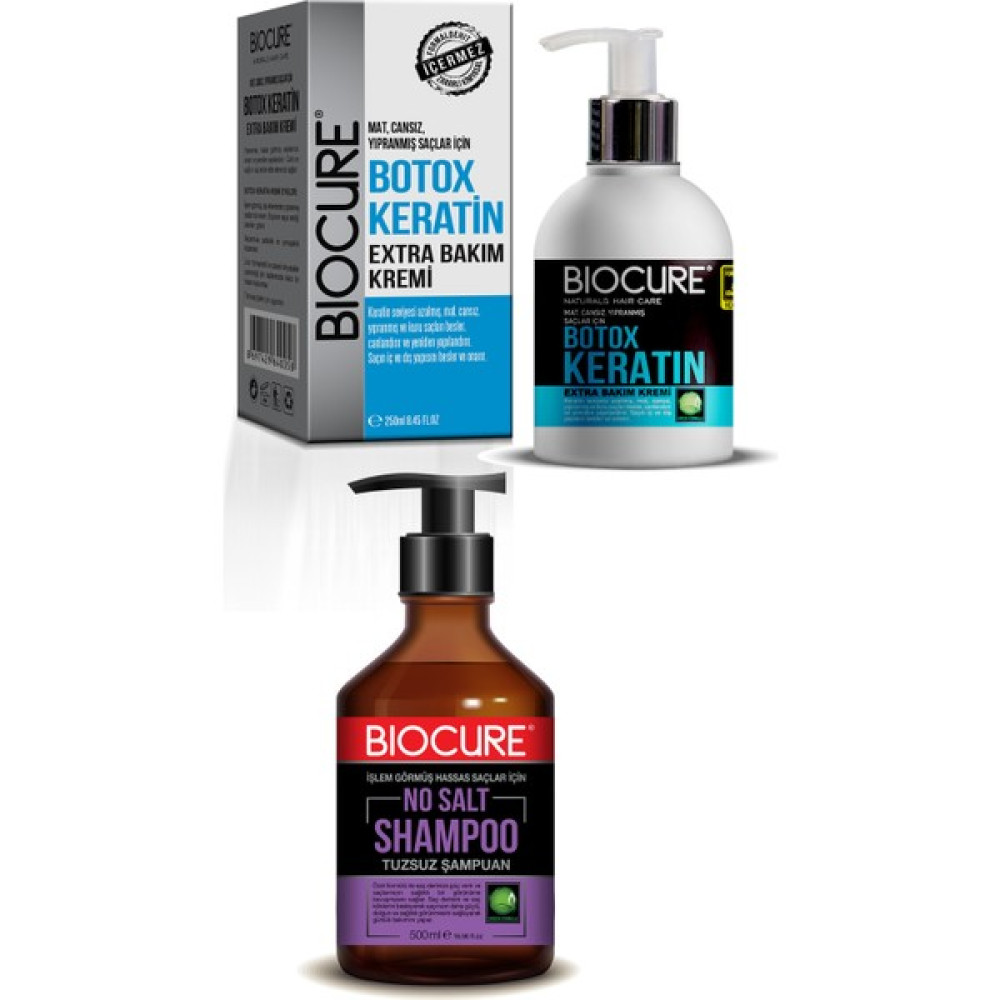 Biocure Tuzsuz Şampuan 500 ml + Biocure Botoks Keratin Extra Saç Bakım Kremi 250 ml Şampuan ve Saç Kremi Fiyatı