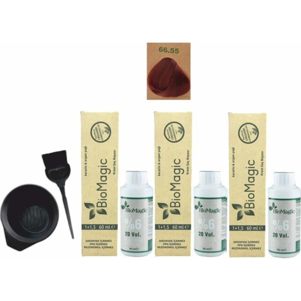 Biomagic Amonyaksız Organik Keratin+Argan Yağlı Saç Boyası 66.55 Vişne Kızılı 60 ml x 3 +90 ml Oksidan+Boyama Seti Saç Boyası Fiyatı