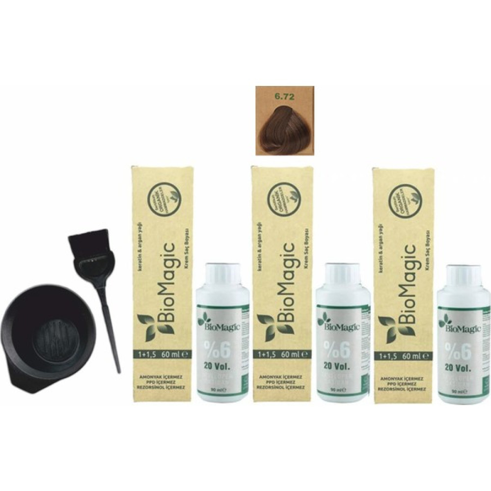 Biomagic Amonyaksız Organik Keratin+Argan Yağlı Saç Boyası 6.72 Küllü Kahve 60 ml x 3 +90 ml Oksidan+Boyama Seti Saç Boyası Fiyatı