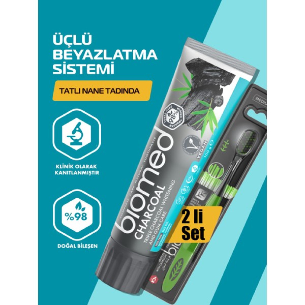 Biomed Charcoal Diş Macunu ve Black Diş Fırçası 2'li Set Doğal Bitkisel Vegan Florürsüz Diş Macunları Fiyatı