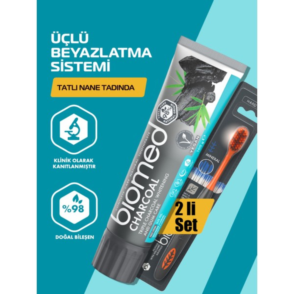 Biomed Charcoal Diş Macunu ve Volkanik Mineral Diş Fırçası 2'li Set Doğal Bitkisel Vegan Florürsüz Diş Macunları Fiyatı