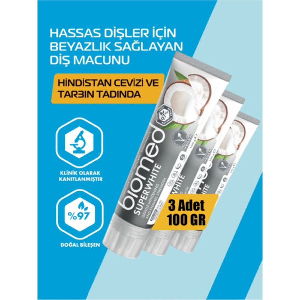 Biomed Super White Beyazlatıcı Coconut Yağlı Diş Macunu Doğal Bitkisel Vegan Florürsüz 3 Adet Diş Macunları Fiyatı