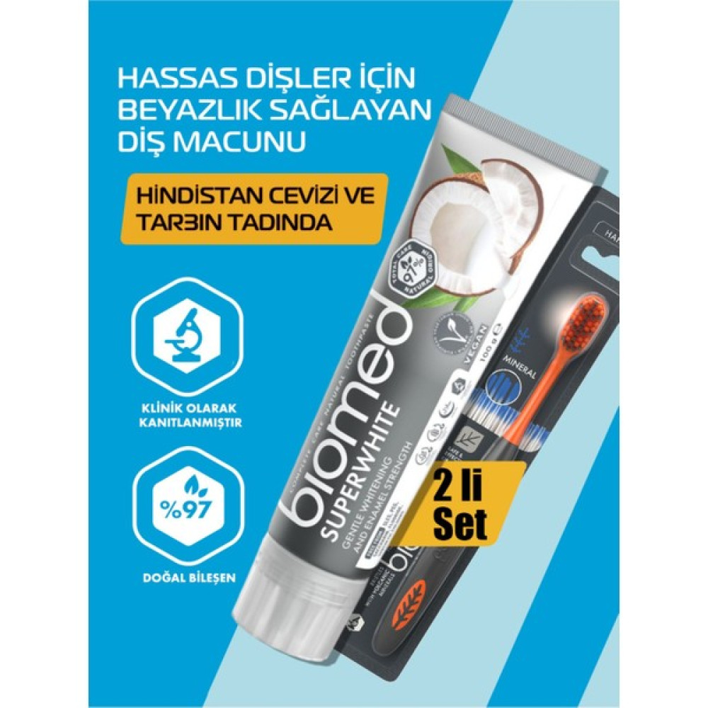 Biomed Super White Diş Macunu ve Mineral Hard Diş Fırçası 2'li Set Doğal Bitkisel Vegan Florürsüz Diş Macunları Fiyatı