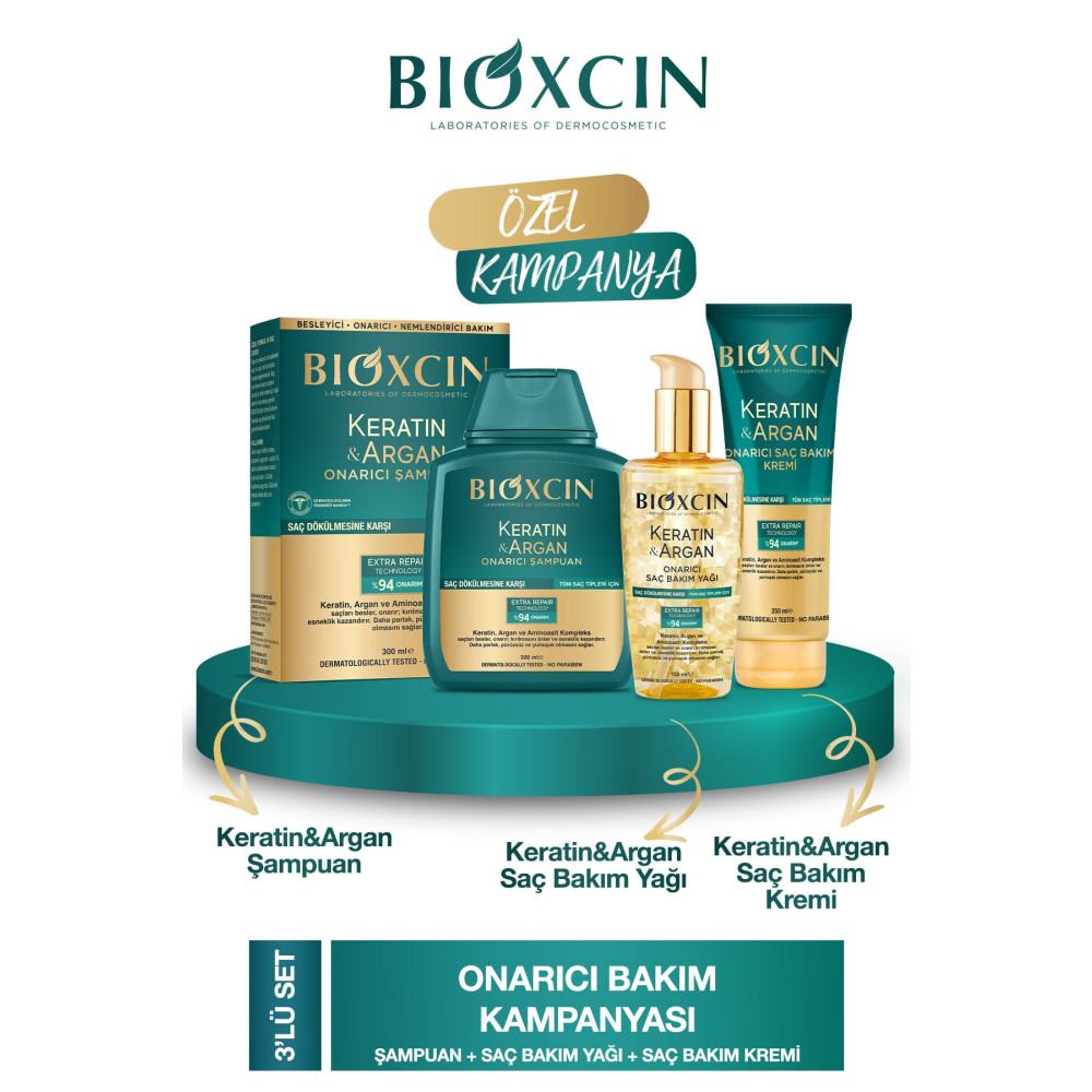Bioxcin Keratin & Argan Onarıcı Şampuan 300ml + Keratin Argan Saç Bakım Yağı + Saç Kremi Saç Bakımı Fiyatı