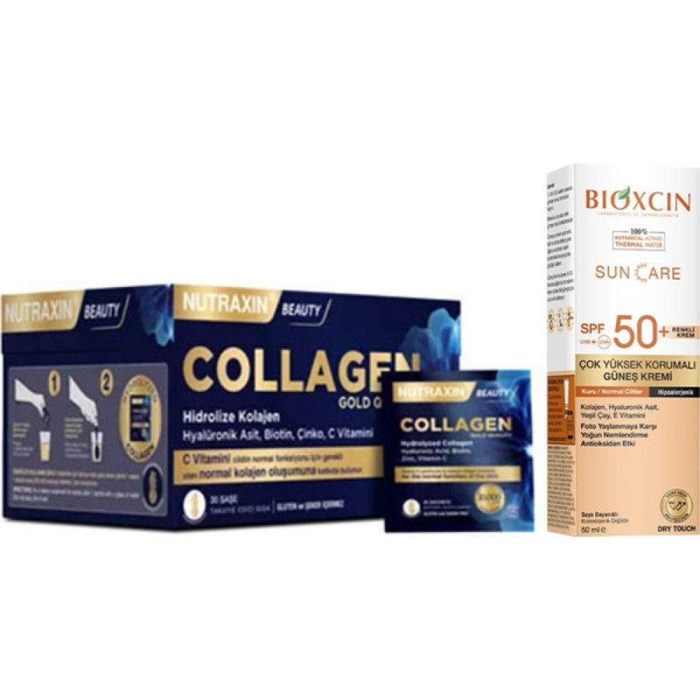 Bioxcin Sun Care Kuru Ciltler İçin Renkli Güneş Kremi SPF50+ 50 ml + Nutraxin Beauty Collagen 30 Saşe 10000 Mg Güneş Kremleri ve Losyonları Fiyatı