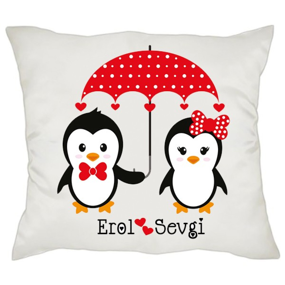 Biresimden Aşık Penguenler Sevgiliye Hediye - Sevgililer Günü Isimli Yastık - 40 x 40 cm - Renkli Kırlent / Mobilya Yastığı Fiyatı