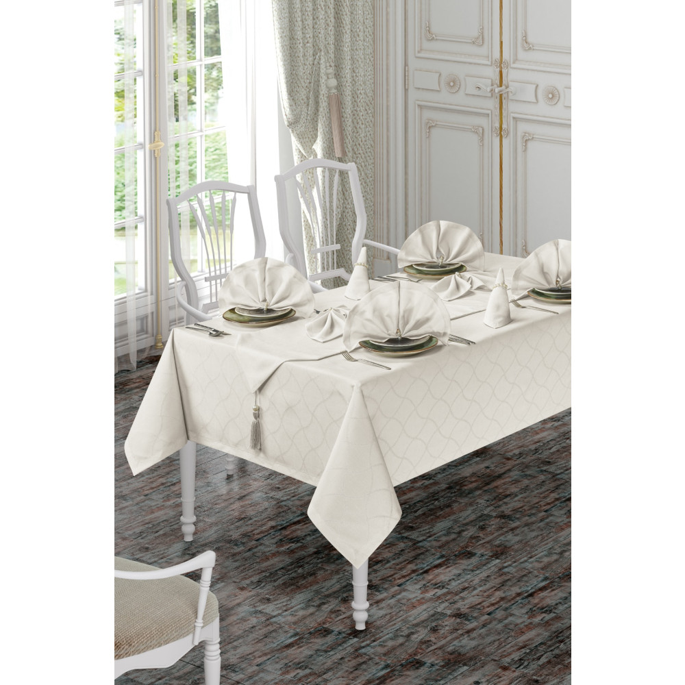 BİRHOME Tina Lüx Jakar Desenli Masa Örtüsü Takımı 12 Kişilik (Krem) 160 x 220 Beden Masa Örtüsü Fiyatı